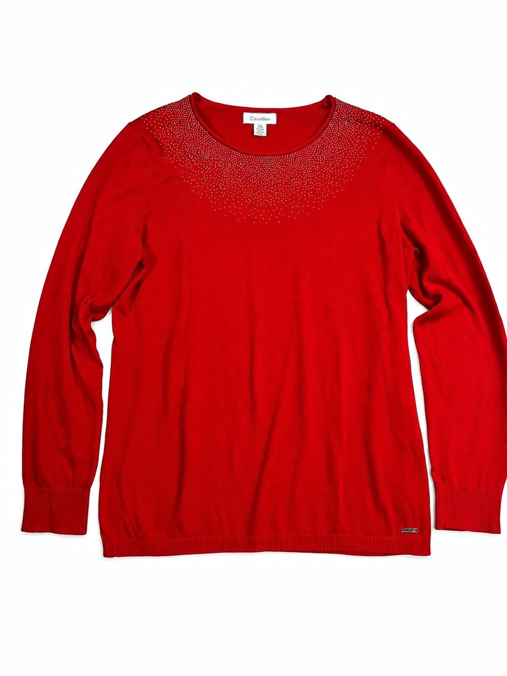 Calvin Klein Red Rhinestone Embellished Sweater Holiday Glam Large